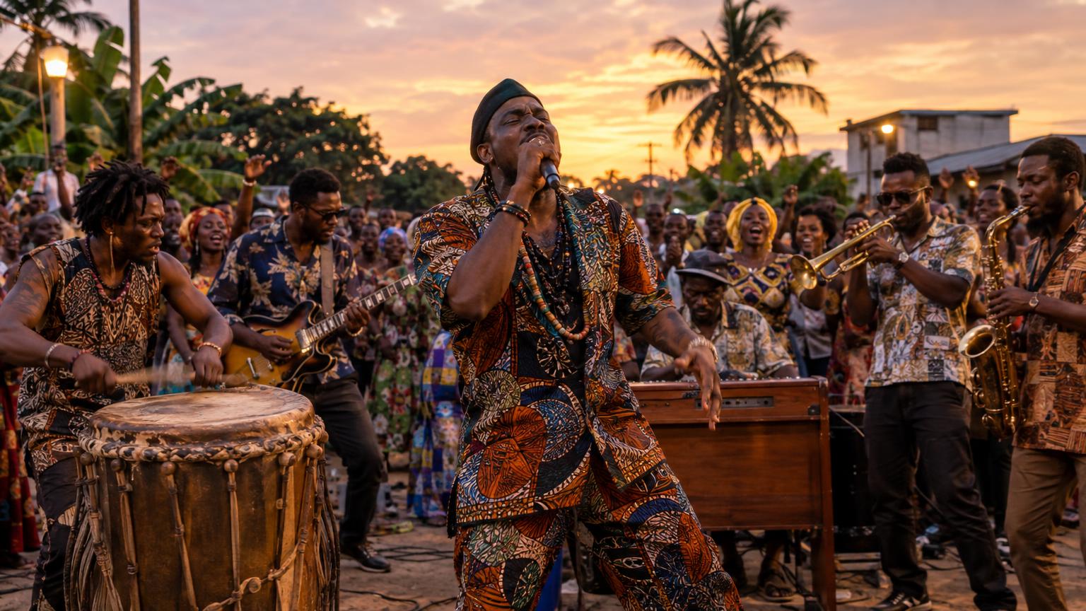 Live scene: drummer striking a deep drum with guitarist, organist and brass behind, crowd raising hands in call‑and‑response; dusk lighting and warm gold highlights.